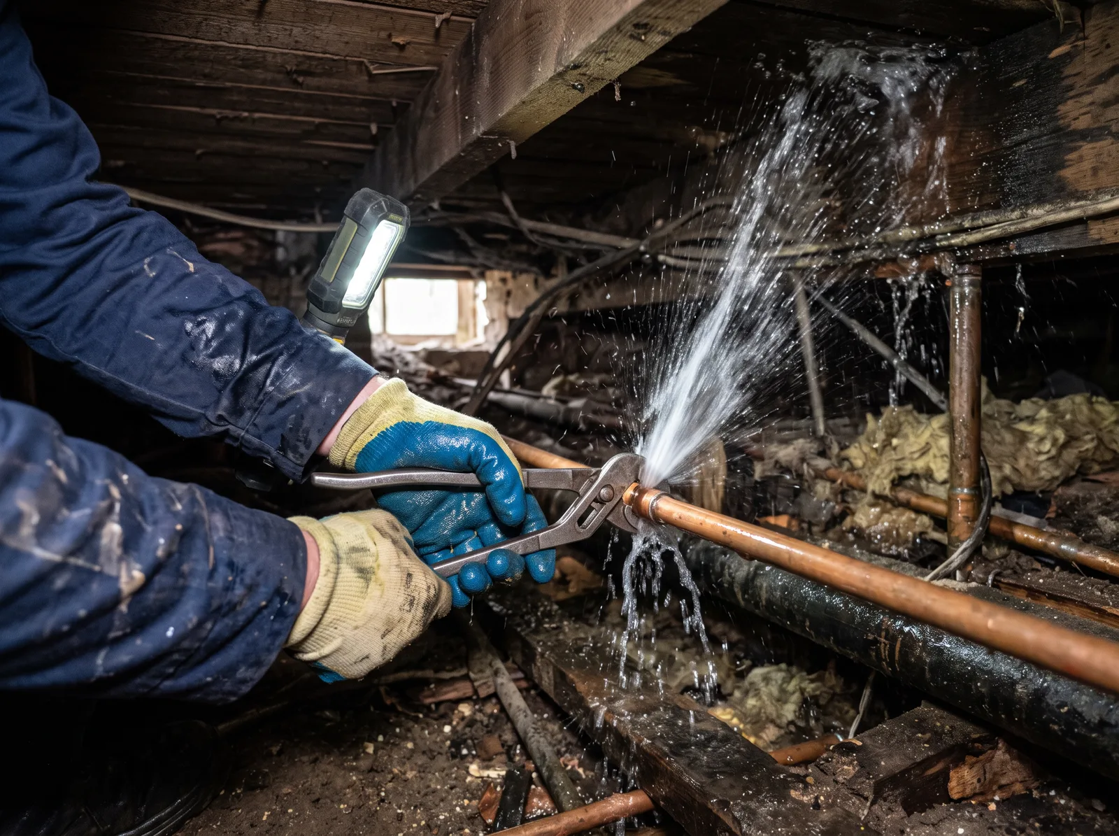 Plumber clamping a burst copper pipe under floorboards