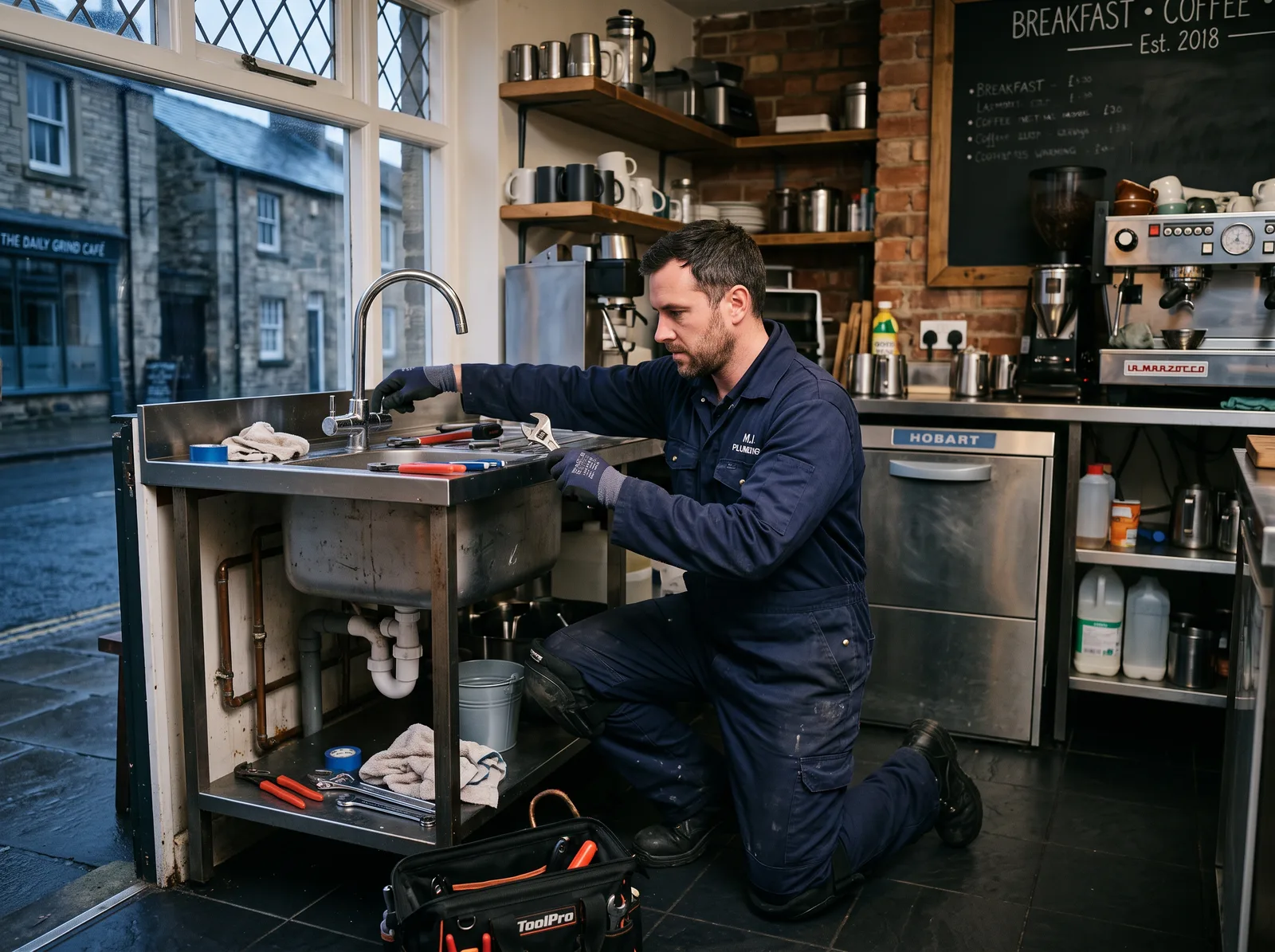 Plumber fixing a tap in a café kitchen before opening