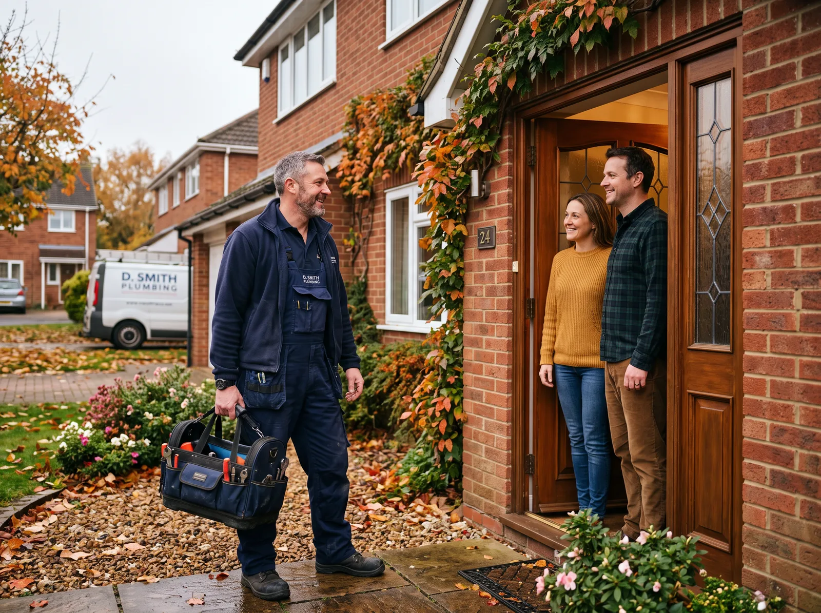 Plumber talking with homeowners at their front door