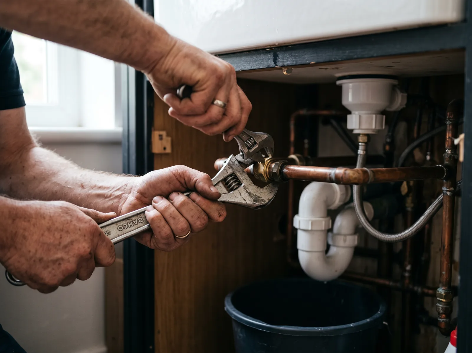 Plumber tightening a copper fitting under a kitchen sink