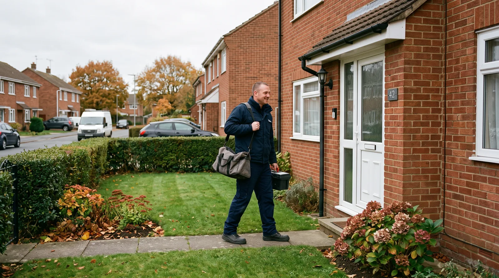 Plumber arriving at a red-brick house in West Swindon