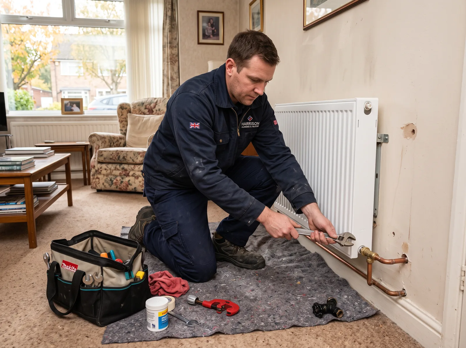 Plumber fitting a white panel radiator