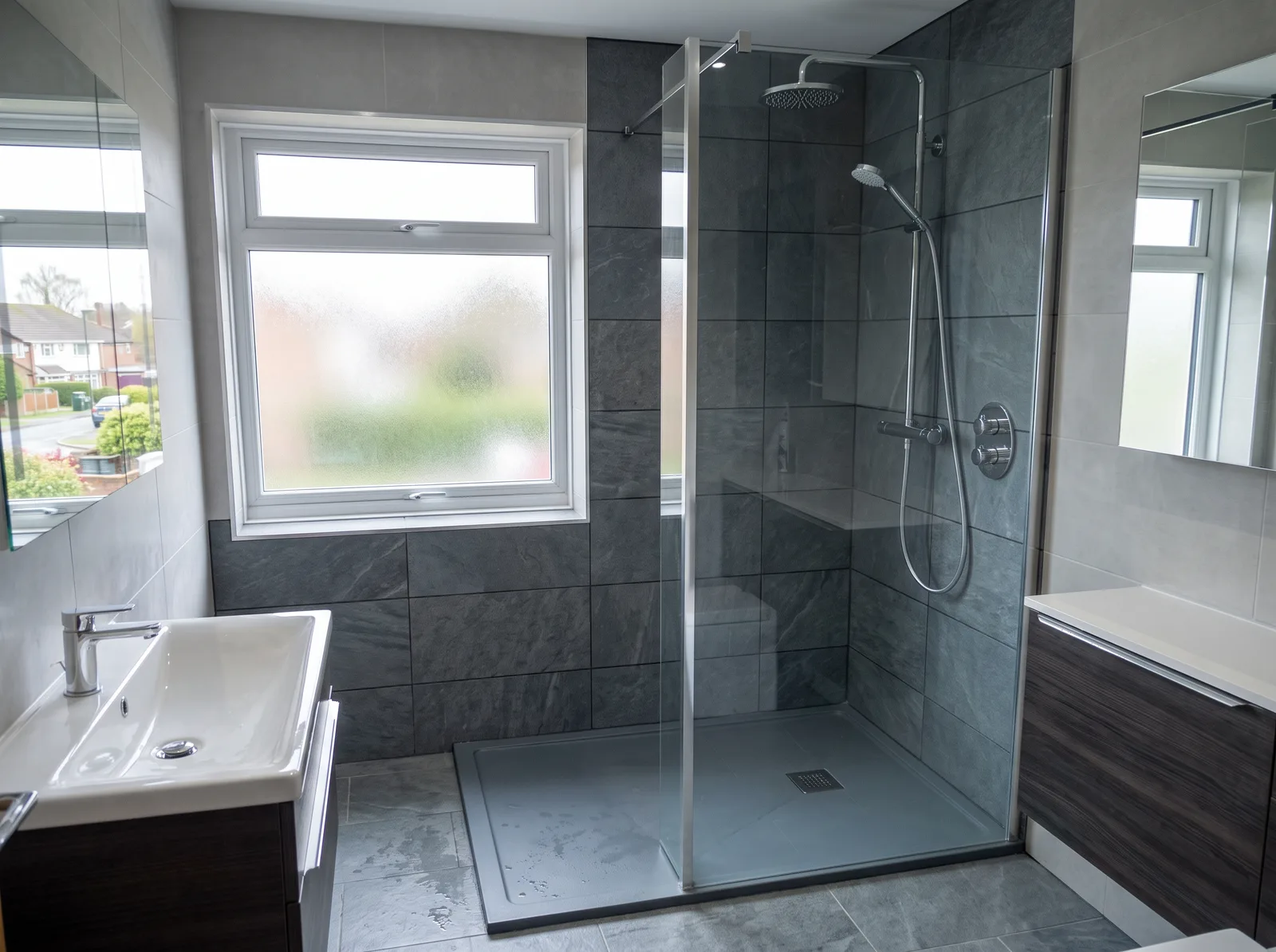 Walk-in shower with glass screen and slate tiles
